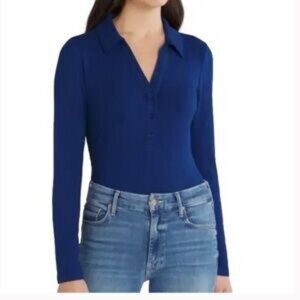 NWT Violets&Roses Blue Ribbed Long Sleeve V-Neck Stretchy Body Suit Polo Size L